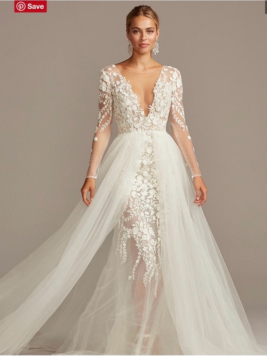 David's Bridal Dresses & Skirts - David's Bridal Ivory Lace Long-Sleeve Plunge Gown with Tulle Overlay